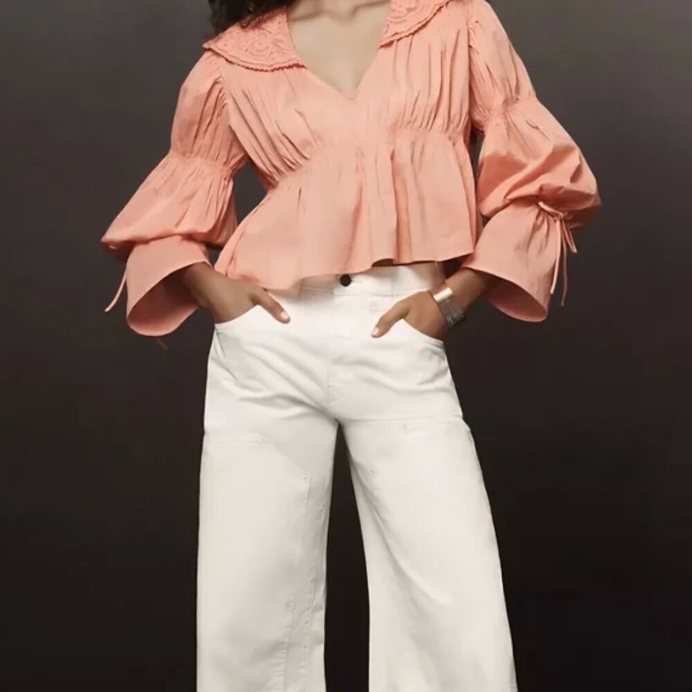 NEW Anthropologie Babydoll Lace Blouse Long Sleeve Sz Large Peach - Picture 11 of 11